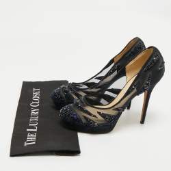 Pre Owned Jimmy Choo Navy Blue Crystal Embellished Suede and Mesh Kershaw Platform Pumps Size 41