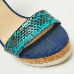 Pre Owned Jimmy Choo Blue Python and Leather Neston Cork Platform Wedge Sandals Size 41