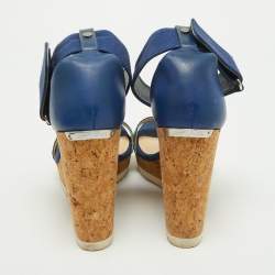 Pre Owned Jimmy Choo Blue Python and Leather Neston Cork Platform Wedge Sandals Size 41
