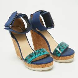 Pre Owned Jimmy Choo Blue Python and Leather Neston Cork Platform Wedge Sandals Size 41