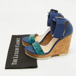 Pre Owned Jimmy Choo Blue Python and Leather Neston Cork Platform Wedge Sandals Size 41