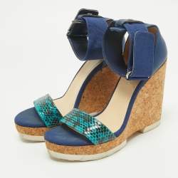 Pre Owned Jimmy Choo Blue Python and Leather Neston Cork Platform Wedge Sandals Size 41