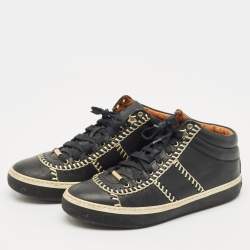 Pre Owned Jimmy Choo Black Leather Bells Mid Top Sneakers Size 38