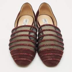 Pre Owned Jimmy Choo Burgundy Suede and Mesh Crystal Embellished Globe Flats Size 40