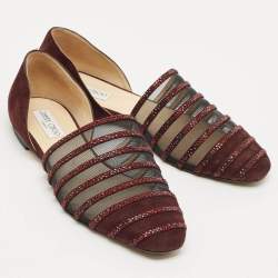 Pre Owned Jimmy Choo Burgundy Suede and Mesh Crystal Embellished Globe Flats Size 40