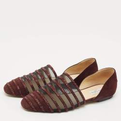 Pre Owned Jimmy Choo Burgundy Suede and Mesh Crystal Embellished Globe Flats Size 40