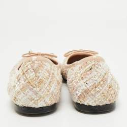 Pre Owned Jimmy Choo Beige Tweed and Patent Leather Bow Elme Ballet Flats Size 40