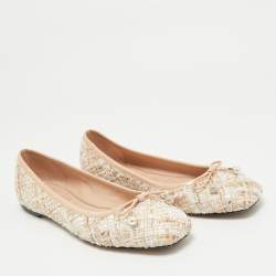 Pre Owned Jimmy Choo Beige Tweed and Patent Leather Bow Elme Ballet Flats Size 40