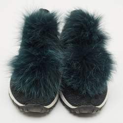 Pre Owned Jimmy Choo Green Knit Fabric and Mink Fur Norway Slip On Sneakers Size 37.5