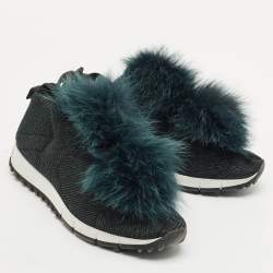 Pre Owned Jimmy Choo Green Knit Fabric and Mink Fur Norway Slip On Sneakers Size 37.5