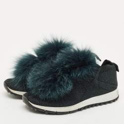 Pre Owned Jimmy Choo Green Knit Fabric and Mink Fur Norway Slip On Sneakers Size 37.5