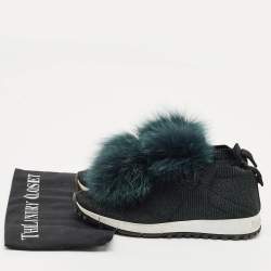 Pre Owned Jimmy Choo Green Knit Fabric and Mink Fur Norway Slip On Sneakers Size 37.5