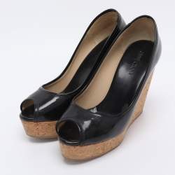 Pre Owned Jimmy Choo Black Patent Papina Open Toe Cork Wedge Pumps Size 38