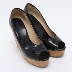 Pre Owned Jimmy Choo Black Patent Papina Open Toe Cork Wedge Pumps Size 38