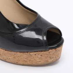 Pre Owned Jimmy Choo Black Patent Papina Open Toe Cork Wedge Pumps Size 38