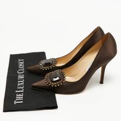 Pre Owned Jimmy Choo Dark Brown Satin Embellished Pointed Toe Pumps Size 40