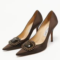 Pre Owned Jimmy Choo Dark Brown Satin Embellished Pointed Toe Pumps Size 40