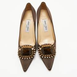 Pre Owned Jimmy Choo Dark Brown Satin Embellished Pointed Toe Pumps Size 40