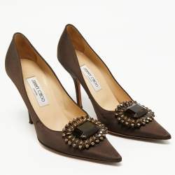 Pre Owned Jimmy Choo Dark Brown Satin Embellished Pointed Toe Pumps Size 40