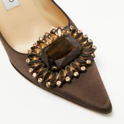 Pre Owned Jimmy Choo Dark Brown Satin Embellished Pointed Toe Pumps Size 40
