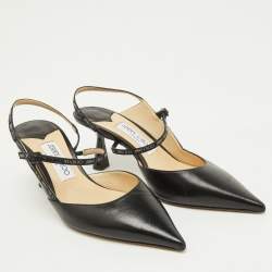 Pre Owned حذاء كعب عالي جيمي تشو كعب خلفي راي جلد أسود مقاس 38.5