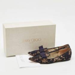 Pre Owned Jimmy Choo Blue Lace and Mesh Gala Bow Ballet Flats Size 36