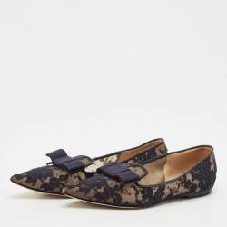 Pre Owned Jimmy Choo Blue Lace and Mesh Gala Bow Ballet Flats Size 36