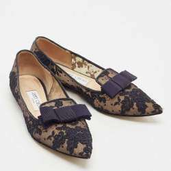 Pre Owned Jimmy Choo Blue Lace and Mesh Gala Bow Ballet Flats Size 36