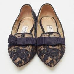 Pre Owned Jimmy Choo Blue Lace and Mesh Gala Bow Ballet Flats Size 36