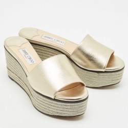 Pre Owned Jimmy Choo Gold Leather Wedge Espadrille Slide Sandals Size 38
