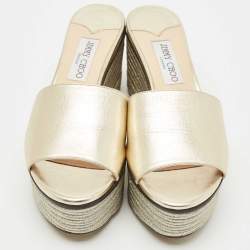 Pre Owned Jimmy Choo Gold Leather Wedge Espadrille Slide Sandals Size 38