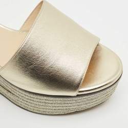 Pre Owned Jimmy Choo Gold Leather Wedge Espadrille Slide Sandals Size 38