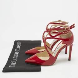 Pre Owned Jimmy Choo Red Patent Leather Lancer Strappy Pumps Size 34