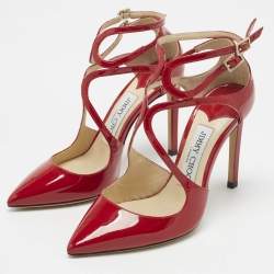 Pre Owned Jimmy Choo Red Patent Leather Lancer Strappy Pumps Size 34