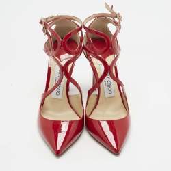 Pre Owned Jimmy Choo Red Patent Leather Lancer Strappy Pumps Size 34