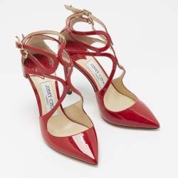 Pre Owned Jimmy Choo Red Patent Leather Lancer Strappy Pumps Size 34