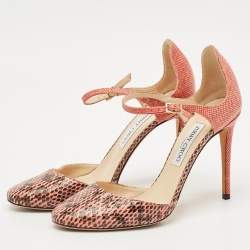 Pre Owned Jimmy Choo Pink/Brown Watersnake and Fabric Ankle Strap Sandals Size 39.5