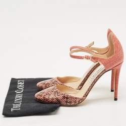 Pre Owned Jimmy Choo Pink/Brown Watersnake and Fabric Ankle Strap Sandals Size 39.5