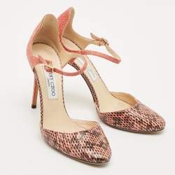 Pre Owned Jimmy Choo Pink/Brown Watersnake and Fabric Ankle Strap Sandals Size 39.5