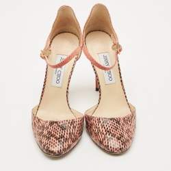 Pre Owned Jimmy Choo Pink/Brown Watersnake and Fabric Ankle Strap Sandals Size 39.5