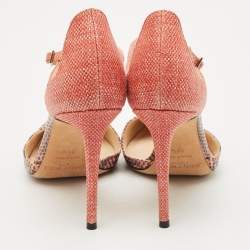Pre Owned Jimmy Choo Pink/Brown Watersnake and Fabric Ankle Strap Sandals Size 39.5