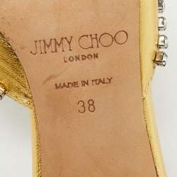 Pre Owned Jimmy Choo Gold Leather Crystals Embellished Heel Mules Size 38
