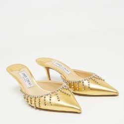 Pre Owned Jimmy Choo Gold Leather Crystals Embellished Heel Mules Size 38