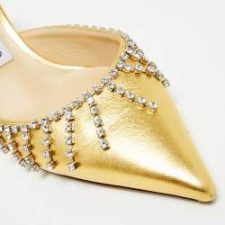 Pre Owned Jimmy Choo Gold Leather Crystals Embellished Heel Mules Size 38
