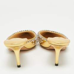 Pre Owned Jimmy Choo Gold Leather Crystals Embellished Heel Mules Size 38