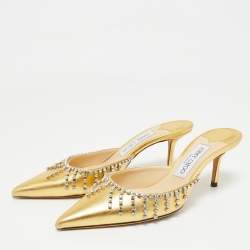 Pre Owned Jimmy Choo Gold Leather Crystals Embellished Heel Mules Size 38