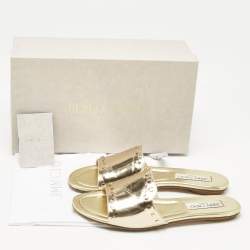 Pre Owned Jimmy Choo Gold Patent Leather Nanda Flat Slides Size 38.5