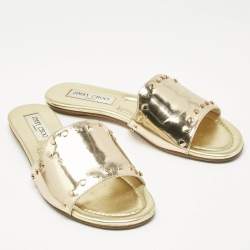 Pre Owned Jimmy Choo Gold Patent Leather Nanda Flat Slides Size 38.5