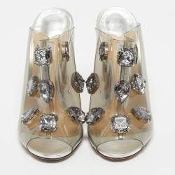 Pre Owned Jimmy Choo Silver PVC Crystal Embellished Mule Sandals Size 39