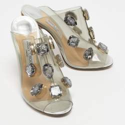 Pre Owned Jimmy Choo Silver PVC Crystal Embellished Mule Sandals Size 39